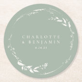 セージグリーンフローラリースモノグラムパーソナライズされた ラウンドペーパーコースター (正面)