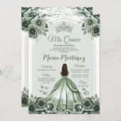 セージグリーンフローラルシルバークラウンプリンセスMis Quince 招待状 (正面/裏面)