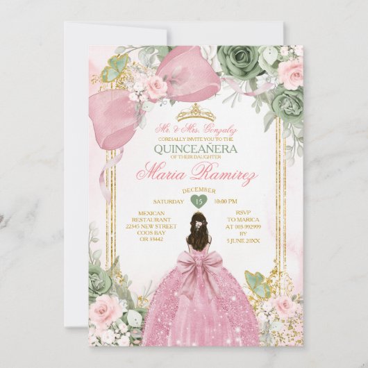 セージグリーンフローラルピンクドレスプリンセスQuinceañera 招待状 (正面)