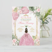 セージグリーンフローラルピンクドレスプリンセスQuinceañera 招待状 (スタンド正面)