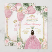 セージグリーンフローラルピンクドレスプリンセスQuinceañera 招待状 (正面/裏面)