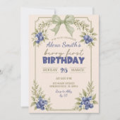 セージグリーンフローラルブルーベリーベリー1歳の誕生日 招待状 (正面)