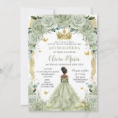 セージグリーンフローラルプリンセスとカエルQuinceañera 招待状 (正面)