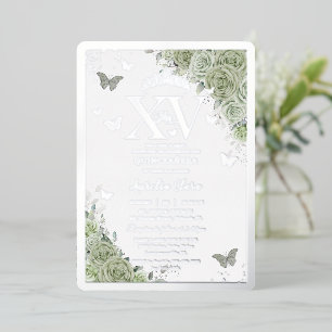 セージグリーンフローラル+クインセañera+蝶+シルバー 箔招待状