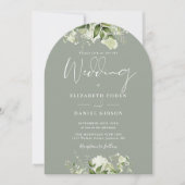 セージグリーンフローラルQRコード結婚式アーチ 招待状 (正面)