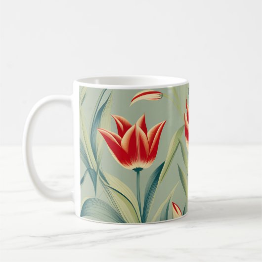 セージグリーンフローラレッドチューリップ コーヒーマグカップ (左)