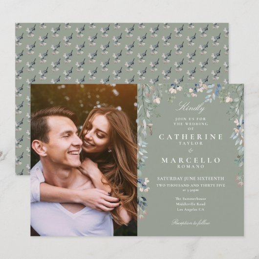 セージグリーンフローラワイルドフラワーフォト結婚ズ 招待状 (正面/裏面)