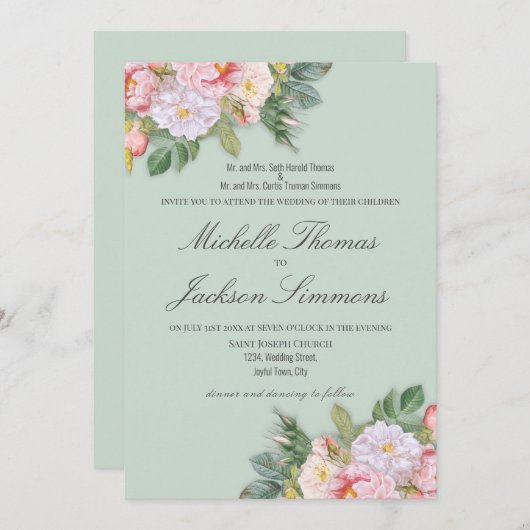 セージグリーンフローラヴィンテージロマン結婚チーズ 招待状 (正面/裏面)