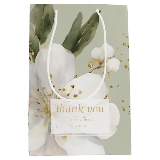 セージグリーンフローラ水彩サンキュー結婚ズ ミディアムペーパーバッグ (正面)