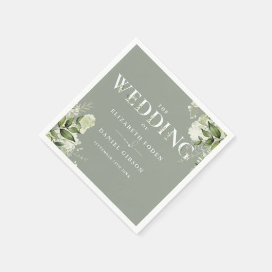 セージグリーンフローラ結婚タイポグラフィ スタンダードカクテルナプキン (角)