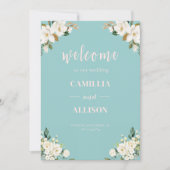 セージグリーンフローラ結婚ピンクのウェルカムサイン 招待状 (正面)