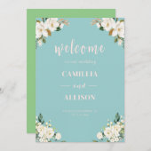 セージグリーンフローラ結婚ピンクのウェルカムサイン 招待状 (正面/裏面)