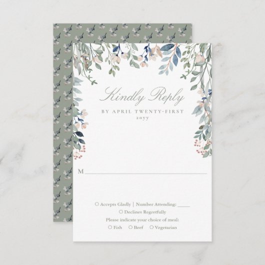 セージグリーンフローラ結婚ワイルドフラワー 出欠カード (正面/裏面)