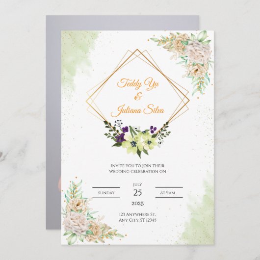 セージグリーンフローラ結婚式招待状カード 招待状 (正面/裏面)