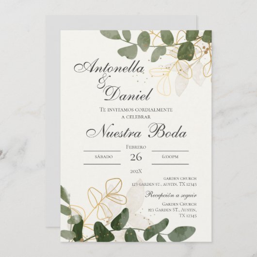 セージグリーンフローラ結婚式招待状スペインのイン 招待状 (正面/裏面)