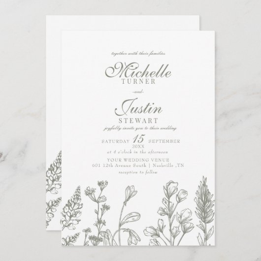 セージグリーンフローラ結婚式招待状 招待状 (正面/裏面)