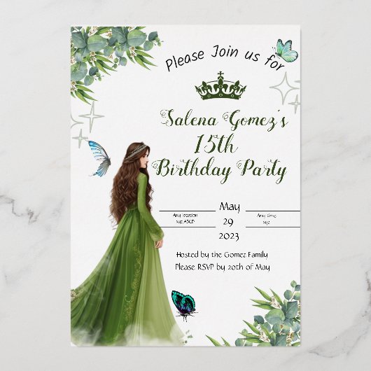 セージグリーンフローラ蝶の誕生日の招待状 箔招待状 (正面)