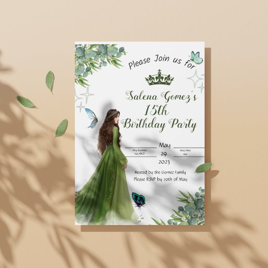 セージグリーンフローラ蝶の誕生日の招待状 箔招待状