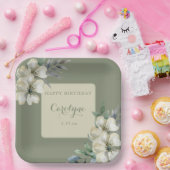 セージグリーンフローラ誕生日 ペーパープレート (パーティー)