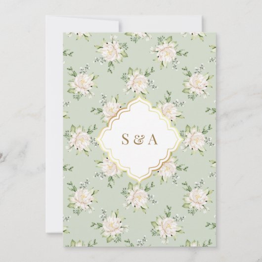 セージグリーンフローラ金ゴールドアーチムスリム結婚ズ 招待状 (裏面)