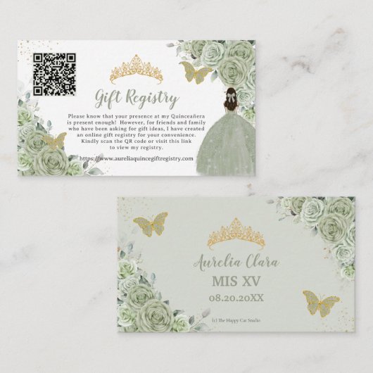 セージグリーンフローラ金ゴールドクインセアニラギフトレジストリ エンクロージャーカード (正面/裏面)