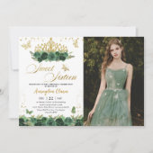 セージグリーンフローラ金ゴールドSweet sixteen16誕生日 招待状 (正面)