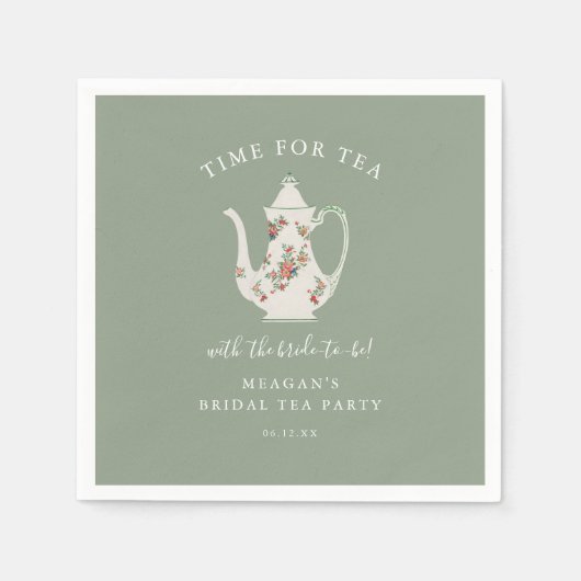 セージグリーンブライダルシャワーティーパーティー スタンダードカクテルナプキン (正面)