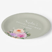セージグリーンブライトフローラピンクローズブライダルシャワー ペーパープレート (アングル)