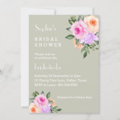 セージグリーンブライトフローラピンクローズブライダルシャワー 招待状 (正面)