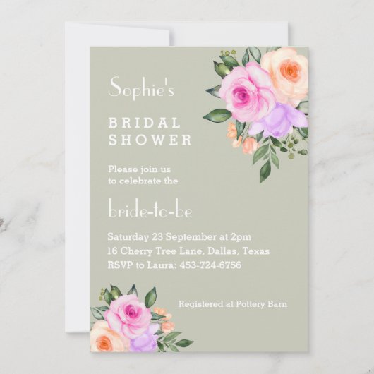 セージグリーンブライトフローラピンクローズブライダルシャワー 招待状 (正面)
