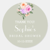 セージグリーンブライトフローラブライダルシャワーありがとう ラウンドシール (正面)