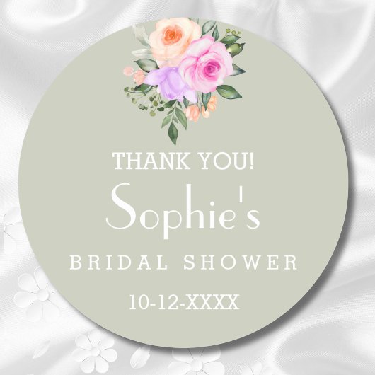 セージグリーンブライトフローラブライダルシャワーありがとう ラウンドシール