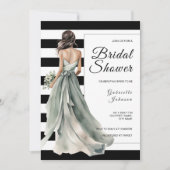 セージグリーンブライド白黒ストライプブライダルシャワー 招待状 (正面)