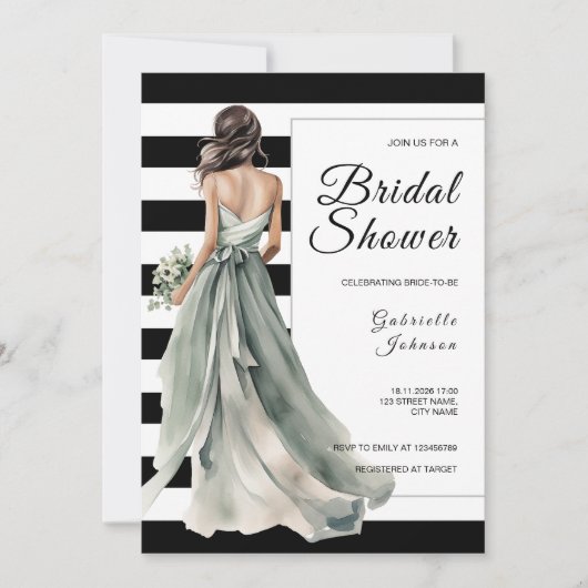セージグリーンブライド白黒ストライプブライダルシャワー 招待状 (正面)