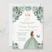 セージグリーンブラウンヘアプリンセス誕生日パーティー 招待状 (正面)