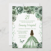 セージグリーンブラウンヘアプリンセス誕生日パーティー 招待状 (正面)