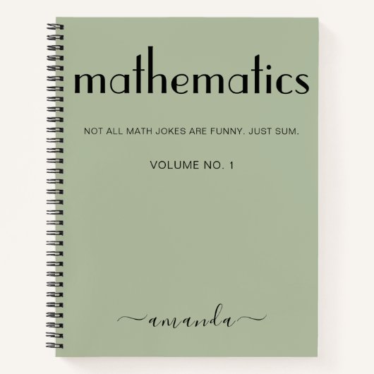 セージグリーンブラックパーソナライズされた数学 ノートブック (正面)