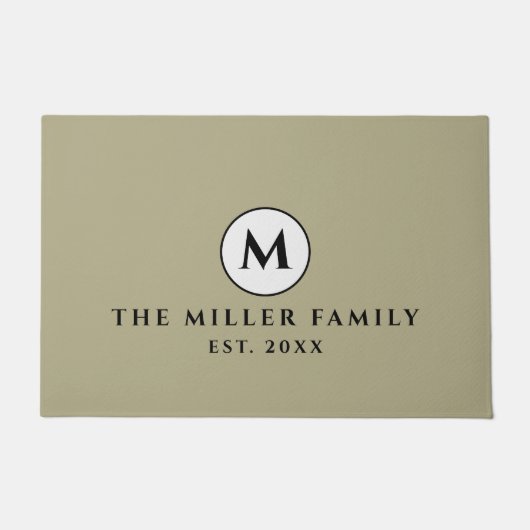 セージグリーンブラック&ホワイトフモノグラムのァミリ名 ドアマット (正面)