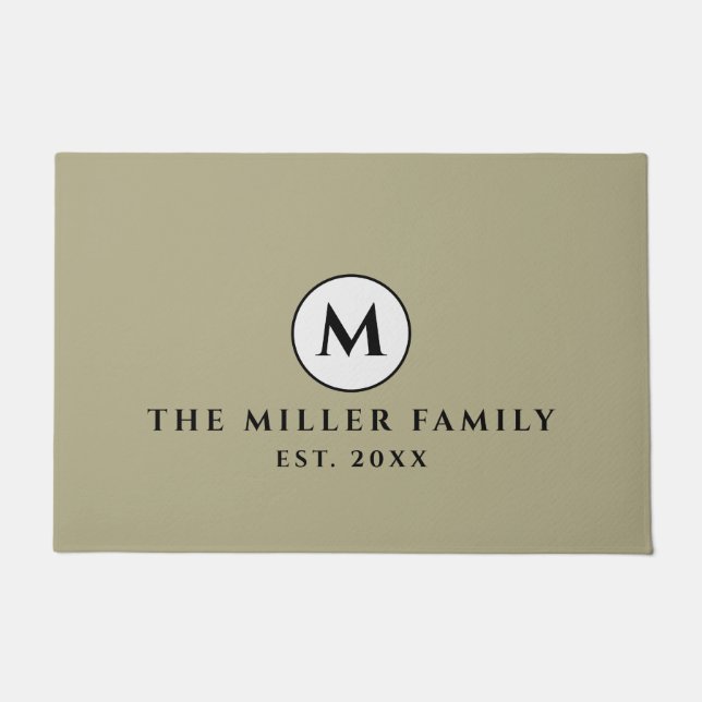 セージグリーンブラック&ホワイトフモノグラムのァミリ名 ドアマット (正面)