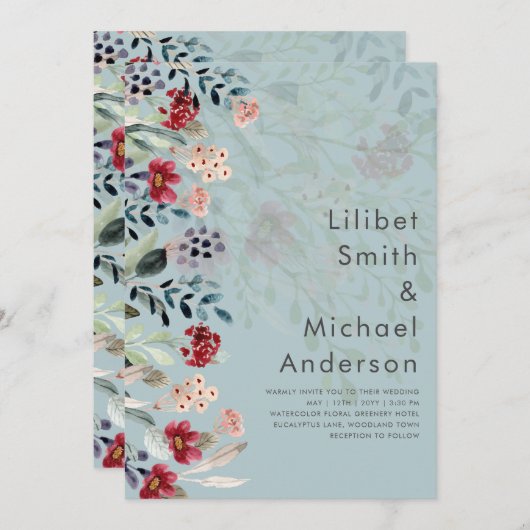 セージグリーンブルガンディブルー結婚フローラ 招待状 (正面/裏面)