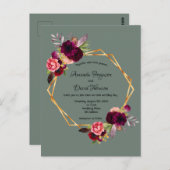 セージグリーンブルゴーニュ花模様結婚式招待状 ポストカード (正面/裏面)