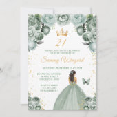 セージグリーンブルネットヘアプリンセスバースデーパーティー 招待状 (正面)