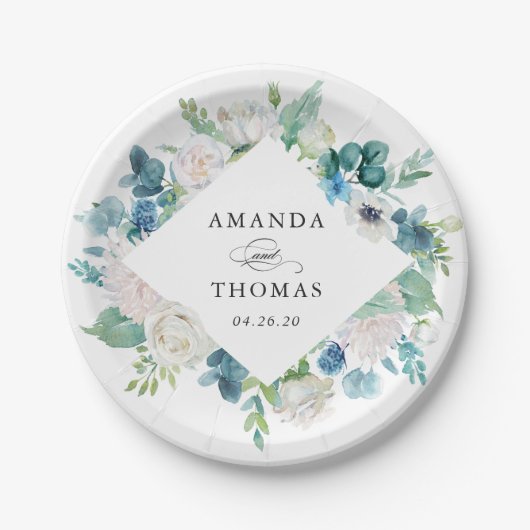 セージグリーンブルーホワイトパステルフローラ結婚リース ペーパープレート (正面)