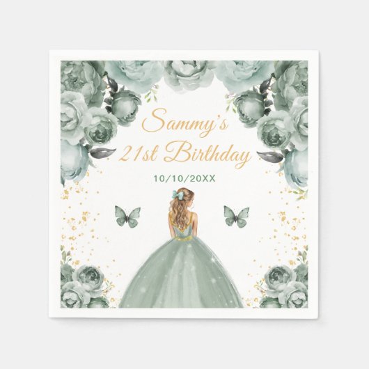 セージグリーンブロンドヘアプリンセス誕生日パーティー スタンダードカクテルナプキン (正面)