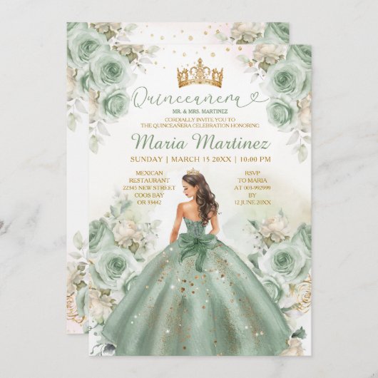 セージグリーンプリンセスドレスフローラ金ゴールドキンセアニラ 招待状 (正面/裏面)