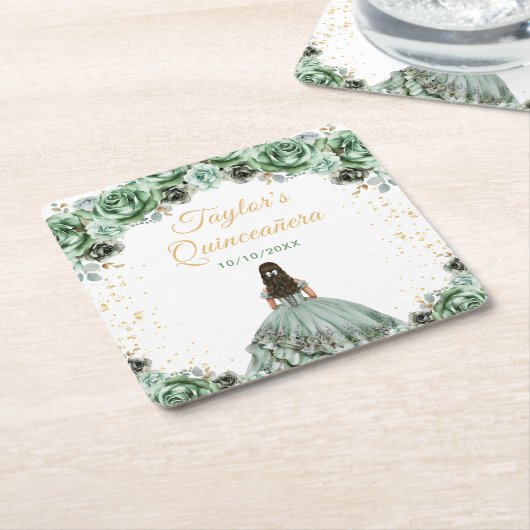 セージグリーンプリンセスフローラキンセアニラ スクエアペーパーコースター (アングル)