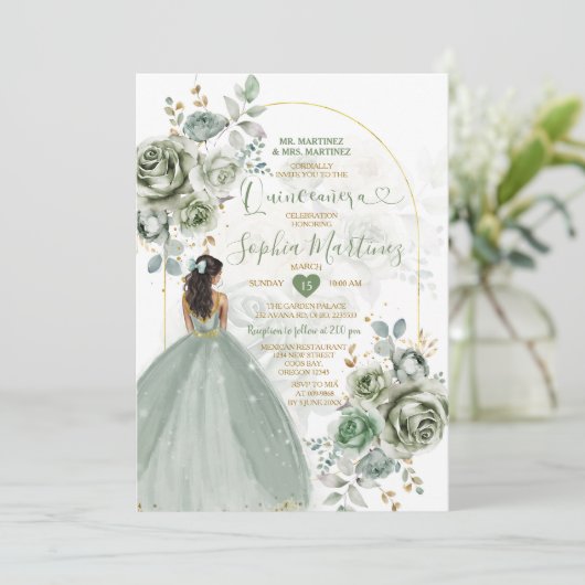 セージグリーンプリンセス花模様金ゴールドクラウンキニャネラ 招待状 (スタンド正面)