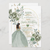 セージグリーンプリンセス花模様金ゴールドクラウンキニャネラ 招待状 (正面/裏面)