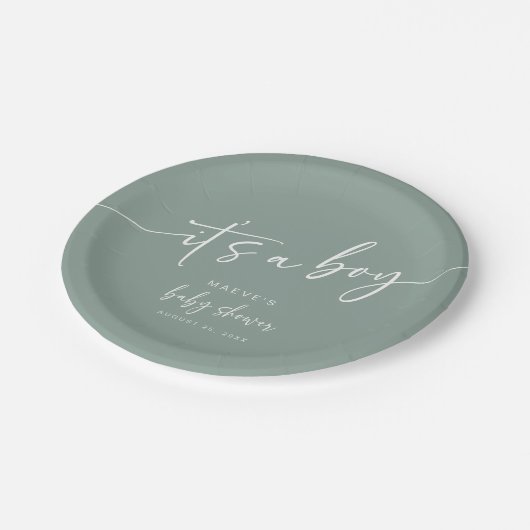 セージグリーンベイビーシャワー紙プレートモダンボーイ ペーパープレート (アングル)