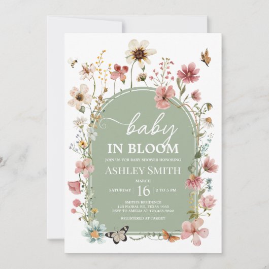 セージグリーンベビー開花ベビーシャワー 招待状 (正面)